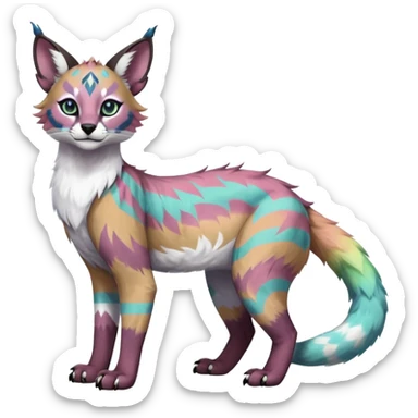 Colorful tropical tribal pale light fruity pastel white glorious iridescent divine exotic cute albino neon vibrant zigzagged cool beautiful fantasy-caracal-civet-genet-sergal-vernid-Gryphon-Cacomistle-Trico-oncilla-animal-Fakémon-hybrid-fursona (full body), facial markings,  sticker