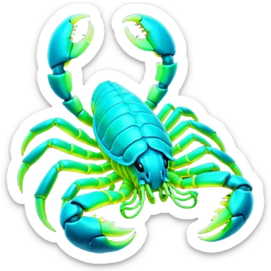3D render of Radioactive Scorpion, bioluminescent deep sea style, glowing neon blue and green lights, dark background to contrast the glow, translucent organic textures, more emission. sticker