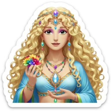 a being made of light pleidian nordic long faces and curly huge thick blond hair but beautiful features of light wearing jewels and a rainbow halo like a saint arount her a robe on made of light and gem  transparent belly dancer and who is lanky holding a bouquet of crystal flowers on rainbow fire sticker