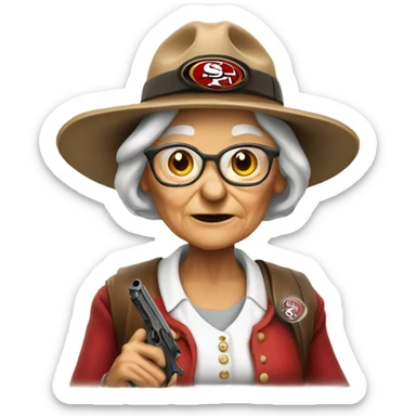 Old lady with 49er hat and a gun  sticker