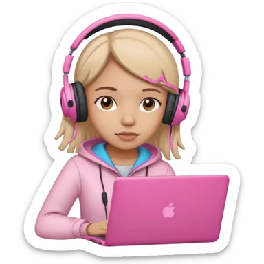 a girl with a pink laptop with headphones, color outline icon style, looking sad sticker