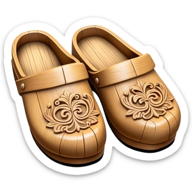 Cinematic Realistic Wooden Clogs Emoji, depicted as a pair of traditionally carved weathered wooden clogs with intricate details and rustic charm, rendered with rich textures and warm natural lighting that captures their cultural heritage. sticker