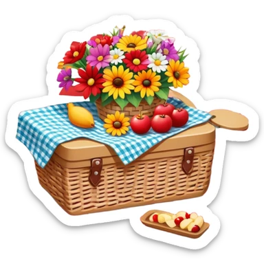 colorful bouquet of flowers on a red and white checkered picnic blanket with small picnic basket nearby sticker