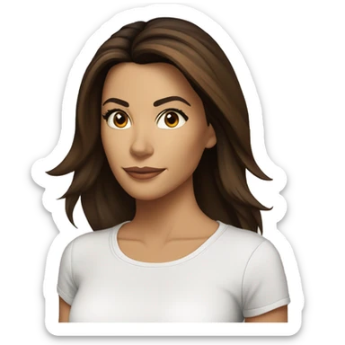 3/4 face, contrasted, shadow, light, Eva Longoria expression, standing from a distance, thin nose, brunette woman, hazel eyes, long eyelashes, dark shoulder shaded hair, white t-shirt, jeans, white sneakers sticker