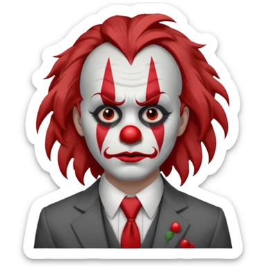 No wig, but long messy brown hair.

White face paint with red clown makeup and a red nose.

Wearing a gray suit with a tie.

Expression is sad and serious, resembling a clown with a more human-like look. sticker