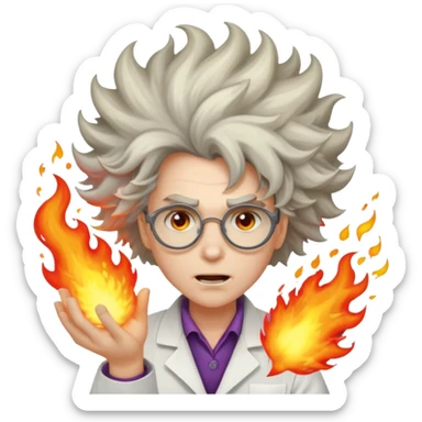 A mad scientist was crazy hair and an explosion sticker
