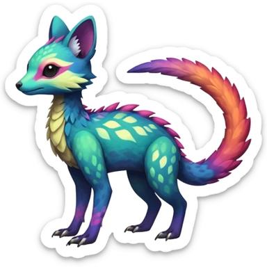 Rare realistic exotic edgy epic pretty beautiful handsome gorgeous aesthetic colorful vibrant Vernid-Trico-species-Fakemon-creature by LiLaiRa, 4 legs, 1 tail, random markings, (full body) sticker
