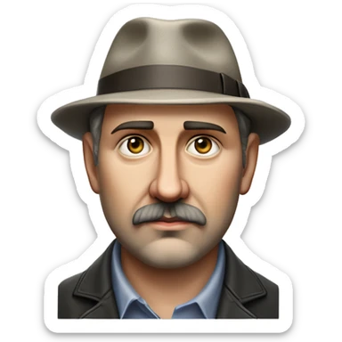 Russian book writer Alexander Kuprin Photorealism A plump serious man of Slavic appearance with Small eyes with goatee beard and mustache, with a  short haircut, big detailed face, wrinkled face, wearing a fedora hat sticker