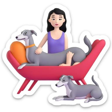 Very thin Chinese woman with long black hair relaxing in a luxurious hotel suite with exactly ONE whippet dog. EXTREME IMPORTANCE: the whippet must be ONE SOLID MEDIUM GREY COLOR (not too dark, not too light) from nose to tail with ABSOLUTELY NO WHITE MARKINGS anywhere - NO white on face, NO white on muzzle, NO white on chest, NO white on paws, NO white on tail - NOTHING BUT A SINGLE SHADE OF MEDIUM GREY throughout the entire animal sticker