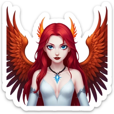 full body portrait of an extremely diabolical girl with pale white skin, massive towering wings, very long flowing blood red hair, glowing blue eyes, black hellfire aura, no horns, evil grin, no necklace sticker