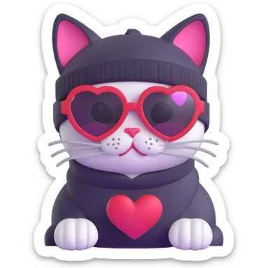 cat wearing a beanie and heart-shaped sunglasses sticker