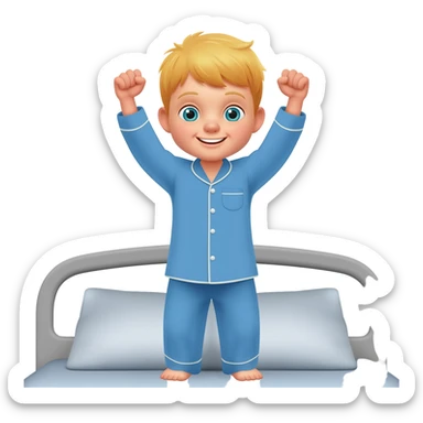 Use the same 3 year old blonde boy with blueish-green eyes, it should be the same boy as before  happy with plain blue pajamas raising both arms up and hands like fists, on the bed, the bed should be gray sticker