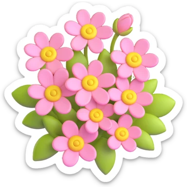 Recreate a cluster of soft pink flowers with yellow centers, matching the shape and arrangement of the reference image. Render with a soft, rounded, glossy 3D iOS emoji style on a white background. sticker
