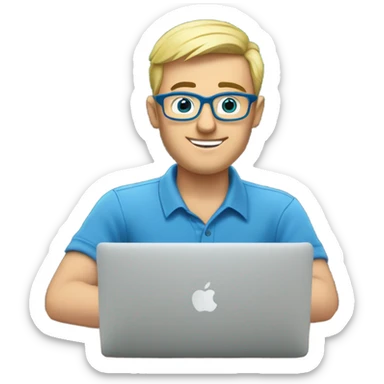 man looks 35 classes, european, tech nerd love , blue shirt blond short hair, blue eyes with specs behind macbook on with electronics pcb on the desk sticker