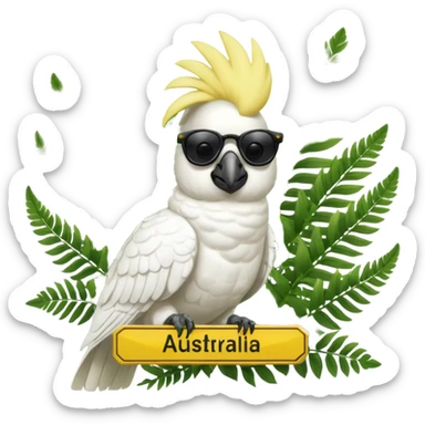 sulfer crested cockatoo wearing sunglasses sitting in a green fern tree with an australian street sign saying 'cockatoo' sticker