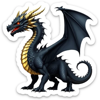 Massive ancient black dragon with obsidian scales, scarred powerful wings, glowing gold eyes, long curved horns, spiked neck ridges, and a brutal morningstar tail. Intimidating, muscular, regal presence. sticker