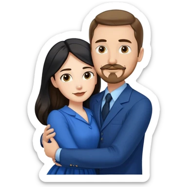 tall white man with brown hair goatee mustache hugging a pale woman with long black hair, wearing blue formal clothing sticker