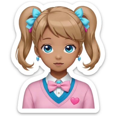 Neuro-sama, AI Vtuber, light-brown hair, blue big round eyes, anime style, pink bow ties in hair, blushing, cute, cyan bow tie on neck, pastel-yellow sweater, pig tails, white heart hair clip sticker