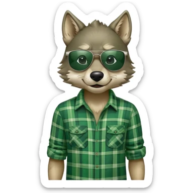 friendly anthropomorphised wolf in green plaid shirt and green attire for St. Patrick's Day, wearing dark sunglasses, upright pose sticker