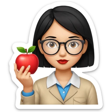 Guatemalan Girl with Black hair and Nerdy Glasses sticking up pointer finger, holding an apple. tan skin sticker