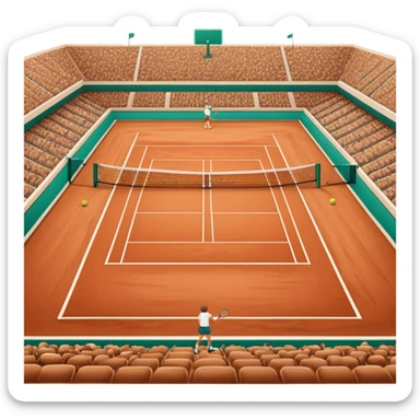 A tennis court at the Roland Garros tournament, with the iconic clay surface and a tennis ball bouncing near the net. The scene evokes the energy and excitement of the grand event, with vibrant crowds in the stands and a competitive atmosphere. sticker