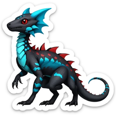 Rare realistic exotic edgy dark gothic gloomy spooky black and red/blue/cyan epic pretty beautiful handsome gorgeous aesthetic colorful vibrant Vernid-Trico-species-Fakemon-Salandit-hybrid-creature by LiLaiRa, 4 legs, 1 tail, random markings, (full body) sticker