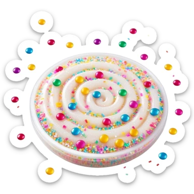 Cinematic Realistic Sparkles & Sprinkles, a delicate swirl of tiny, multicolored sugar confetti and edible glitter, scattered across a smooth reflective surface, each speck glinting under soft ambient light, glowing vibrantly with a dreamy and magical charm. sticker