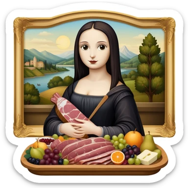  goth mona lisa with SPAM MEAT charcuterie and fruit tray renaissance landscape sticker