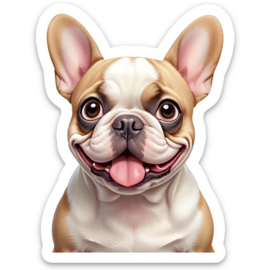 Cinematic Comical Pied French Bulldog Portrait Emoji, Head tilted with an exaggeratedly shocked, comical expression and wide, humorously expressive eyes, showcasing a distinctive pied fur of contrasting hues and a charmingly goofy face, simplified yet hilariously detailed, glowing with a sassy, playful radiance, high shine, exuding a mischievous and meme-worthy charm, styled with a soft glowing outline, capturing the essence of a Pied French Bulldog that looks ready to spark a viral laugh! sticker