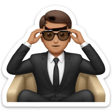 white man with brown hairs in formal suit wearing sunglasses resting with hands behind head sticker
