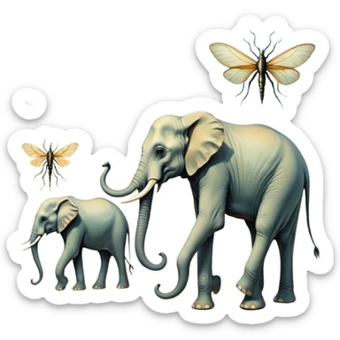 aesthetic brilliant divine lighting, oil paint - mystical surreal elephants with long legs like insects - from Salvador Dali's paintings with long legs like insects sticker