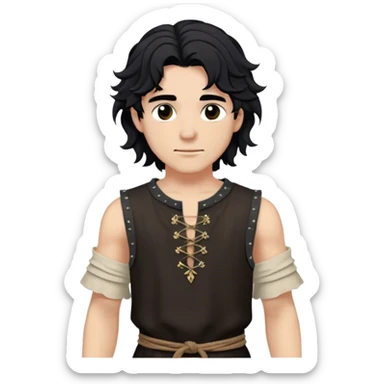 medieval summer outfit worn by a DnD themed fantasy male character. basic sleeveless hemp tunic with a reinforced collar and a crude stitch pattern. clothes only above the waist. The clothes full waist. The character's haven't arms. character is white-skinned, jet black hair, brown eyes, medium-length wavy hair. sticker