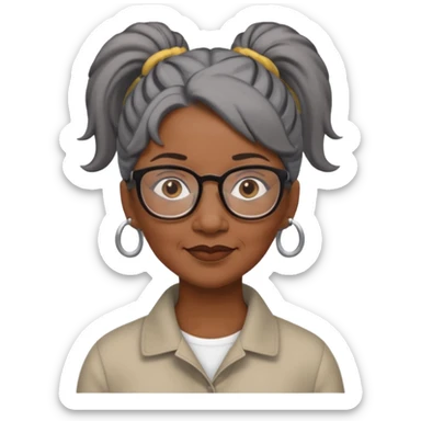 emoji of a black older women with black and gray hair in a ponytail with glasses and brown eyebrows sticker