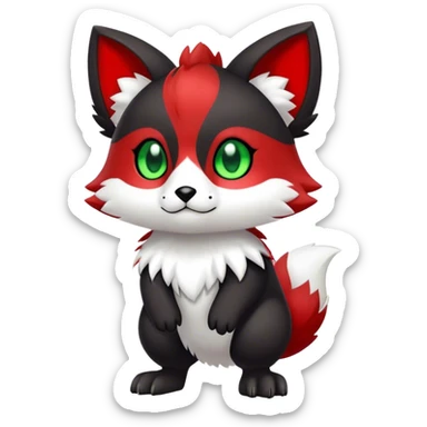 Cute cool black red animal hybrid Fakemon full body, green eyes, white belly, white muzzle sticker