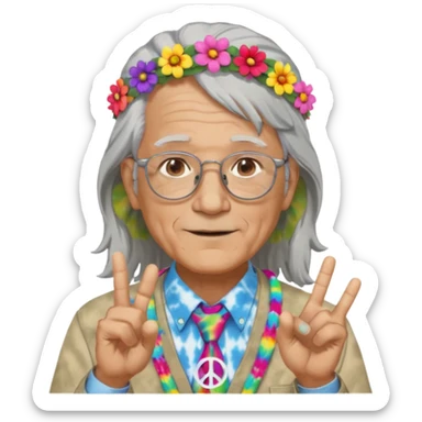 elderly man with long grey hair, glasses, peace sign necklace, tie-dye clothing, flower crown sticker