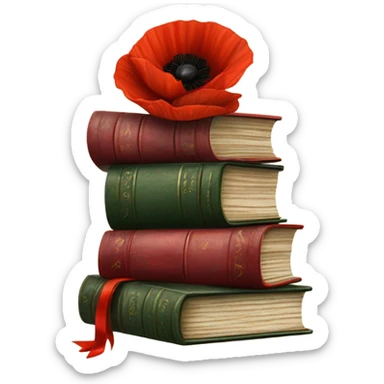A vintage stack of books with scarlet poppies and a velvet bow sticker