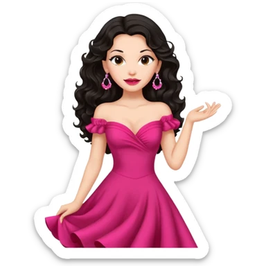 mature confident brunette girl with long black wavy hair, pink lipstick, red dance dress, big earrings sticker
