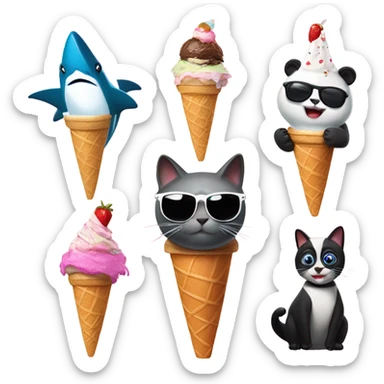 Shark with a top hat panda, eating ice cream cat with sunglasses ￼ sticker