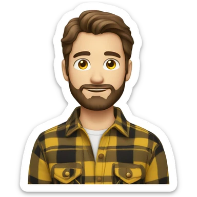 Man with a beard and brown hair wearing a yellow and black plaid flannel shirt sticker