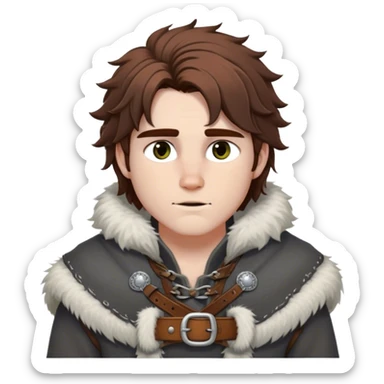 Medieval winter outfit worn by a DnD themed fantasy male character. Heavy slate gray wool tunic with wolf fur trim, featuring carved bone toggles and a wide leather belt with iron buckle. Clothes only above the waist, full waist coverage. The character has no arms. Character is white-skinned with dark copper hair, hazel eyes, and medium-length tousled hair with snow-touched strands. sticker