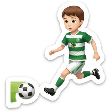 Brown hair 6 years old white boy footballer RUNNING playing soccer wearing CELTIC  UNIFORM  has white stripes  # 17 in the jersey !  sticker