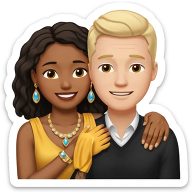 interracial couple. Black smiling woman with nice jewelry. White man crying with his arm around her shoulder. sticker