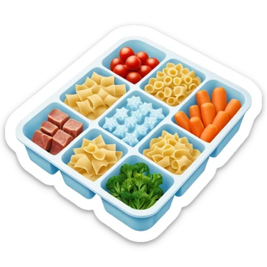 rectangular frozen food tray 2-3 compartments frozen pasta vegetables meat frosty ice crystals muted colors firm uncooked dark simple tray no branding no utensils no packaging soft lighting transparent background emoji scale sticker