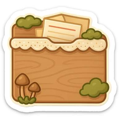 Edit the exact cottagecore folder to appear full of papers, with some papers peeking out the top. Keep the same art style, wood texture, lace, moss, mushrooms, and transparent background. No words or text. sticker