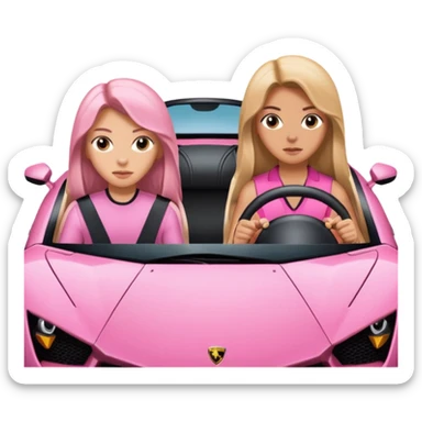 Make car far away so I can see full car Car facing forward in sports car. Make hair long  two girls in car far away Front of car sitting in the seats. Make it a pink sports car. They are two baddies make it a Lamborghini pink car  sticker