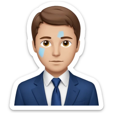 un homme type caucasien brun avec des jolies traits avec une chemise blanche et une veste a manche longues et cravate bleu il a les yeux marron sticker