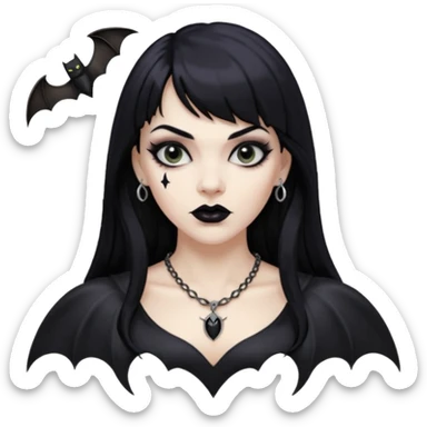 vampira mulher branca com cabelo preto longo com franja na testa, sobrancelha grossa e lábios com batom preto com colar preto e pingente de morcego preto sticker