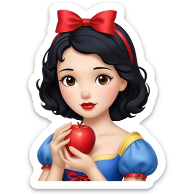 Cinematic Realistic Snow White Portrait, depicted with lifelike skin texture, soft natural lighting, and intricately detailed black hair styled with a red ribbon. Her soft brown eyes radiate innocence and kindness, complemented by a warm, gentle smile. She holds an apple in one hand, her other hand resting against her cheek, embodying her purity and charm. She is dressed in her classic yellow, blue, and red gown, the fabric rich in texture with delicate folds that catch the light beautifully. The portrait features a soft, natural glow with a radiant finish, capturing the essence of timeless beauty in a realistic and painterly style. sticker