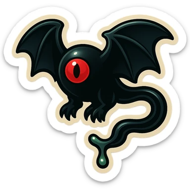 an all black reptilian bat-like creature. One cyclopian red eye in its face. no visible mouth or ears. 2 hind legs with claws. has a long tale with a stinger that drips green poison sticker