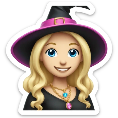 Blonde blue eyed witch smiling, wearing a gold necklace with pink pendant and a black and pink witch hat sticker